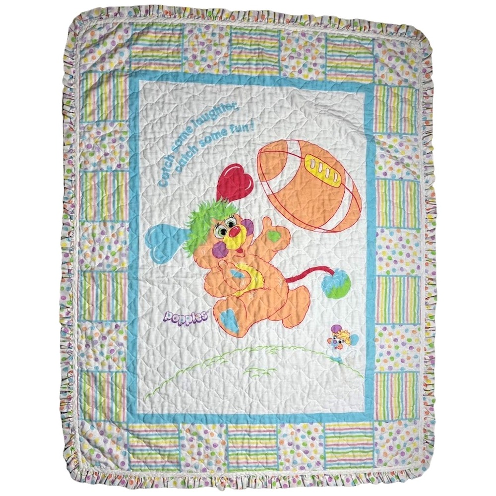 Vintage Popples Baby Crib Blanket Handmade Quilt Football Catch Some Laughter